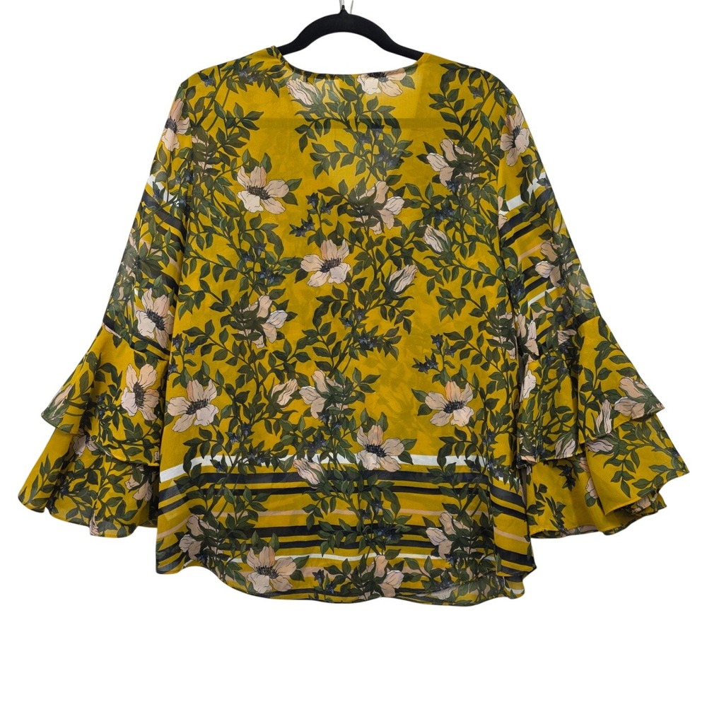 Cabi Spring Scene Gilded Floral Blouse Women's M Mustard Bell Sleeves Sheer Boho - Picture 2 of 8